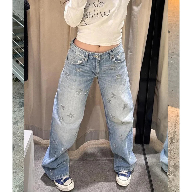 Damen Baggy Jeans mit weitem Bein, hellblau mit Sternenmuster