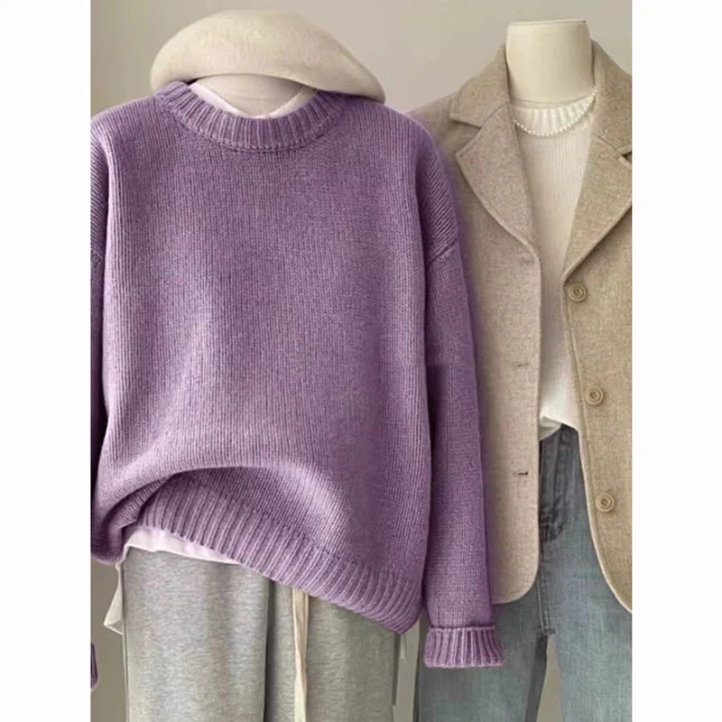 Damen Strickpullover Rundhals Rippstrick Oversize