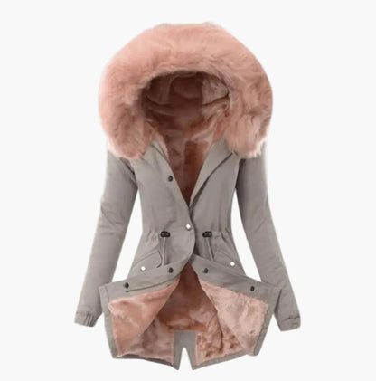 Damen Wintermantel mit Kapuze und Kunstfell-Futter – Eleganter, warmer Parka für kalte Tage