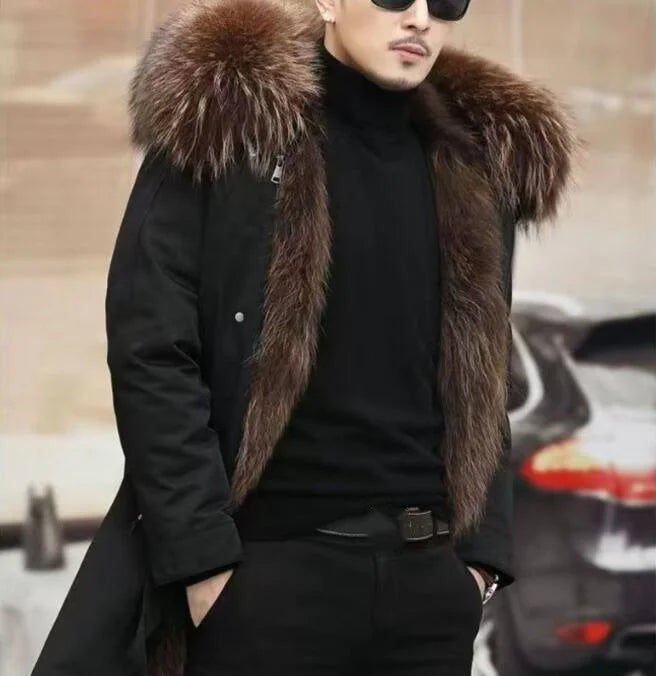 Herren Winterparka Schwarz mit Kapuze und luxuriösem Futter im Pelz-Look