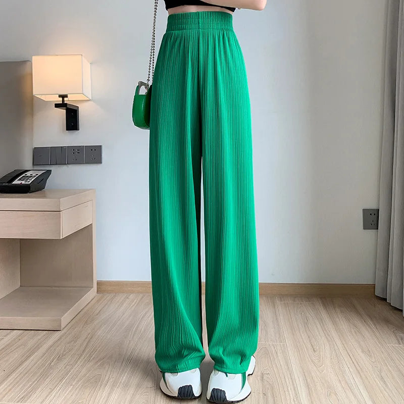 Damen Plissee Hose Weites Bein Hoher Bund Elastisch
