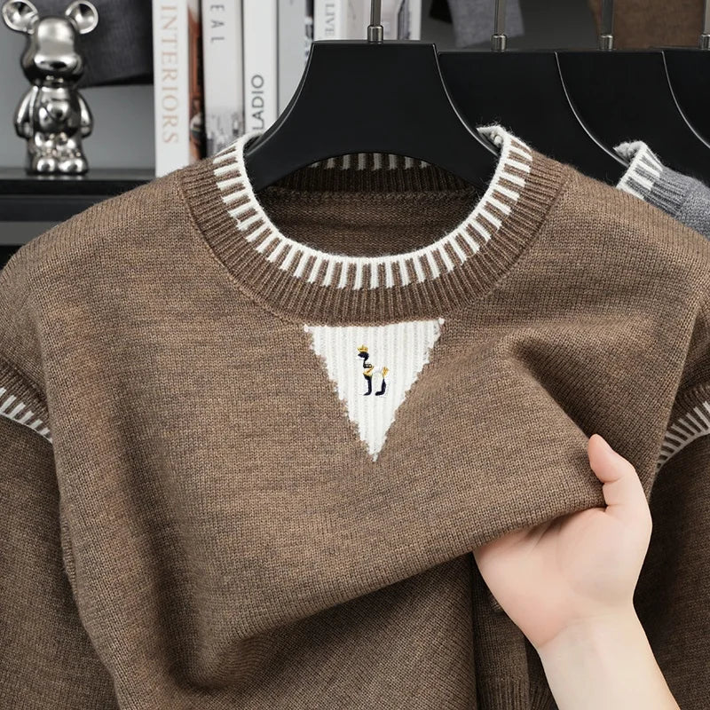 Herren Pullover Strick Rundhals Stickerei Grau Weiß Muster