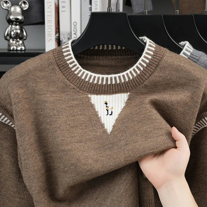 Herren Pullover Strick Rundhals Stickerei Grau Weiß Muster