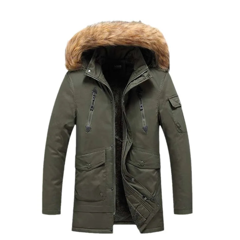 Herren Winterparka mit Kapuze und Pelzbesatz, warm gefütterte Jacke mit Reißverschluss- und Pattentaschen