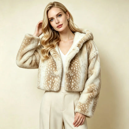 Kurze Damen Kapuzenjacke aus weichem Material mit Punktmuster in Beige