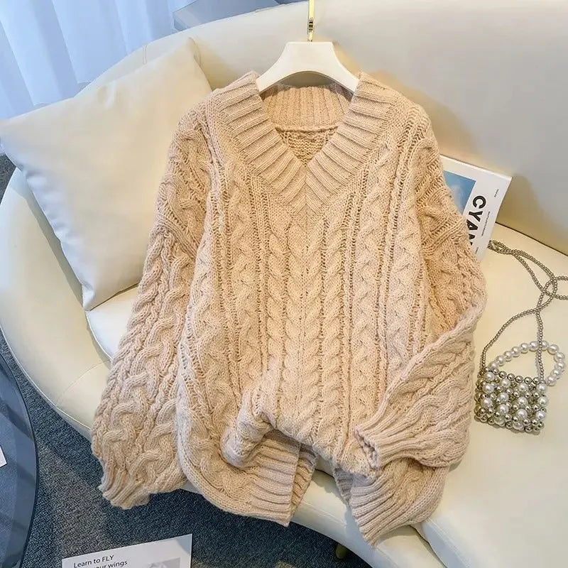 Damen Grobstrick Pullover mit Zopfmuster und V-Ausschnitt – Winter Must-Have, Lässiger Stil, Ideal für Alltag und Layering