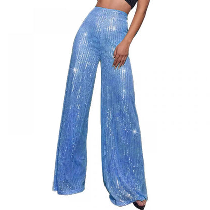 Damen Pailletten Weite Hose mit Hohem Bund Glamourös Glänzend Violett