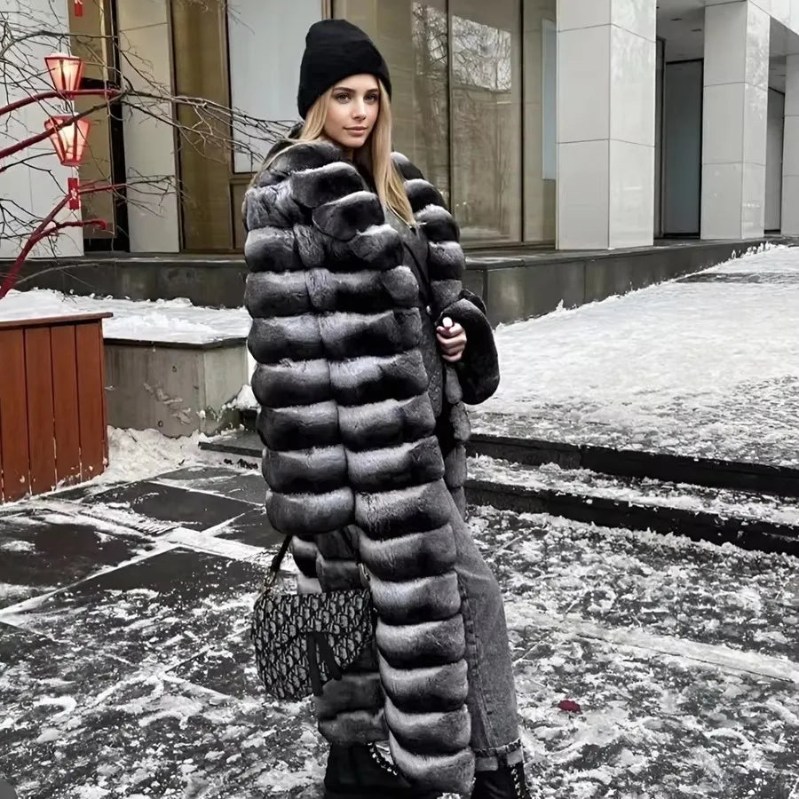 Damen Mantel Lang Pelzoptik Gestreift Grau Schwarz Winter Elegant