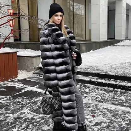 Damen Mantel Lang Pelzoptik Gestreift Grau Schwarz Winter Elegant