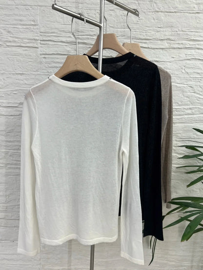 Langarmshirt Damen Rundhals Feinstrickshirt mit Kontrastdetails