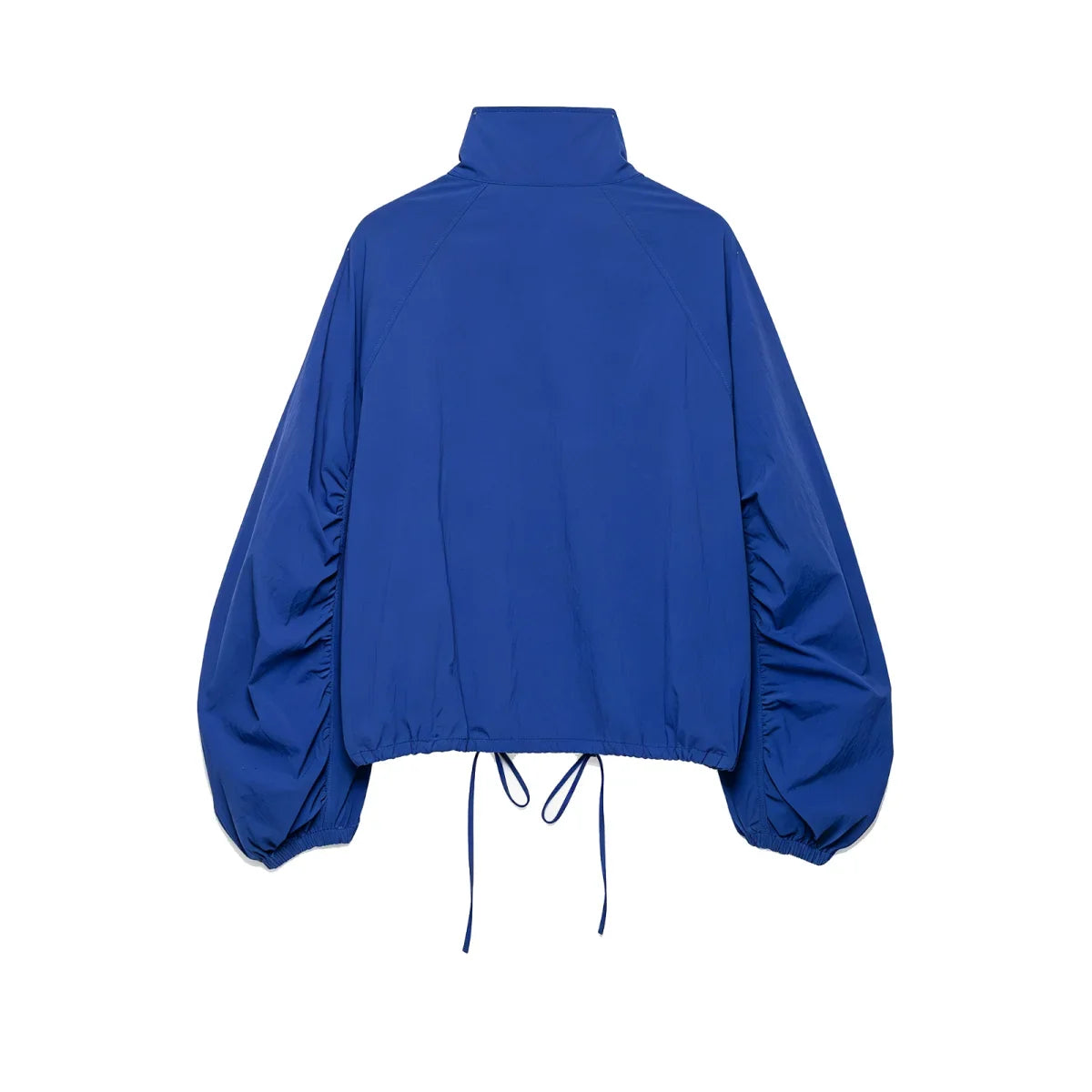 Blaue Damen Bluse mit Stehkragen & Kordelzug am Saum