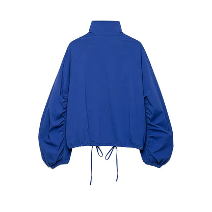 Blaue Damen Bluse mit Stehkragen & Kordelzug am Saum