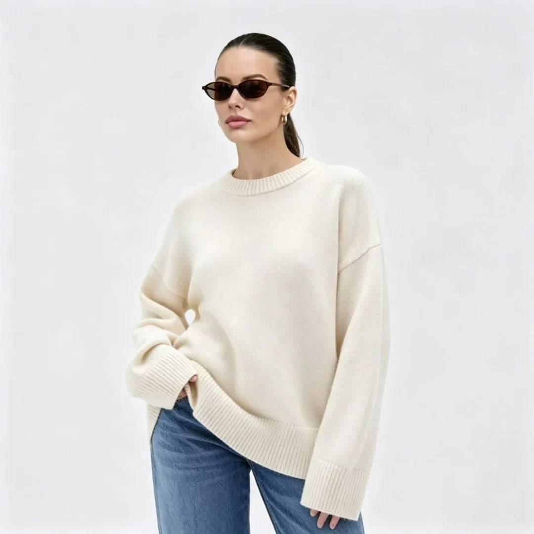 Damen Oversize Rundhals Pullover Langarm Basic Strickpullover