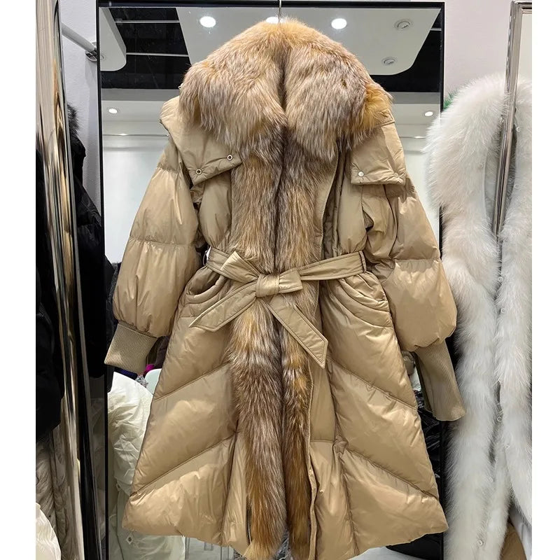 Damen Daunenmantel lang mit Kunstpelzkragen und Gürtel Steppjacke