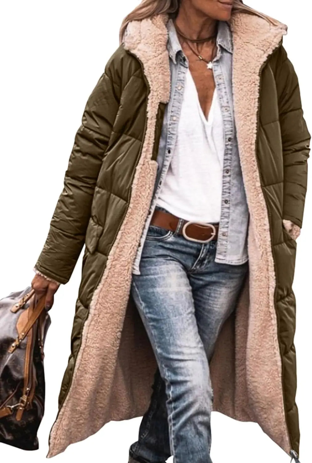 Damen Steppmantel Lang Winter Daunen-Optik mit Teddyfutter Kapuze
