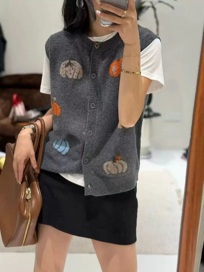 Damen Strickweste mit Kürbis-Motiv, Rundhals, ärmellos