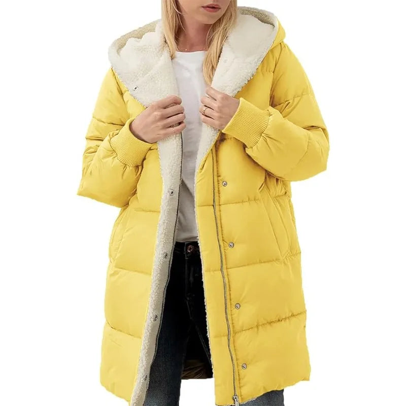 Damen Langer Steppmantel mit Kapuze Gefüttert Winter Jacke