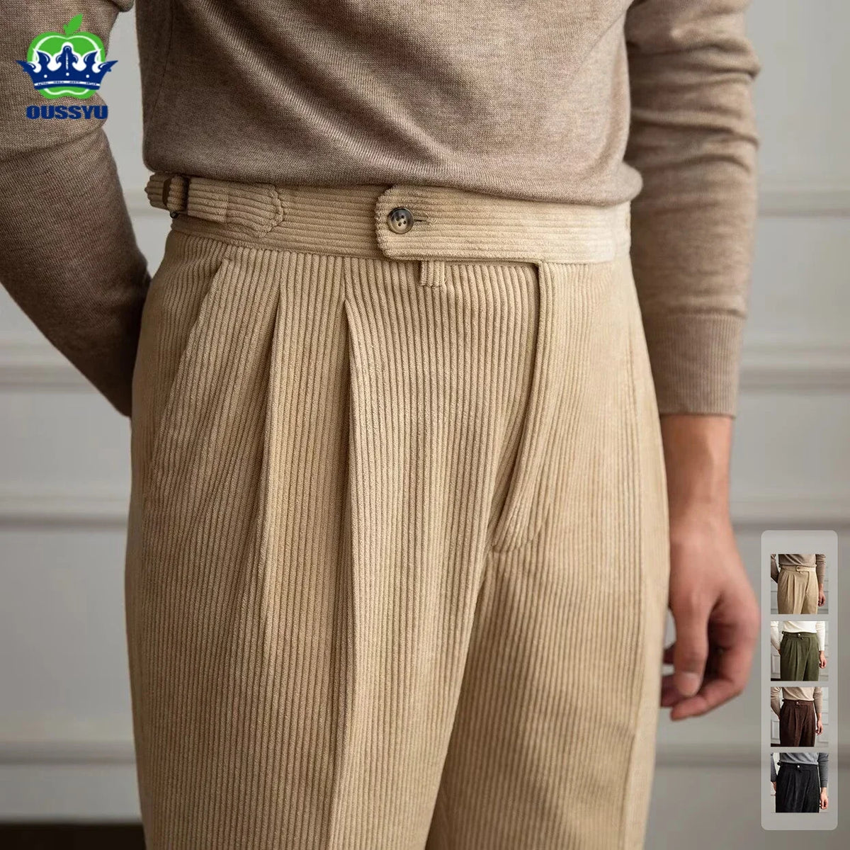 Cordhose Herren Plissee Weites Bein Knopfleiste Beige