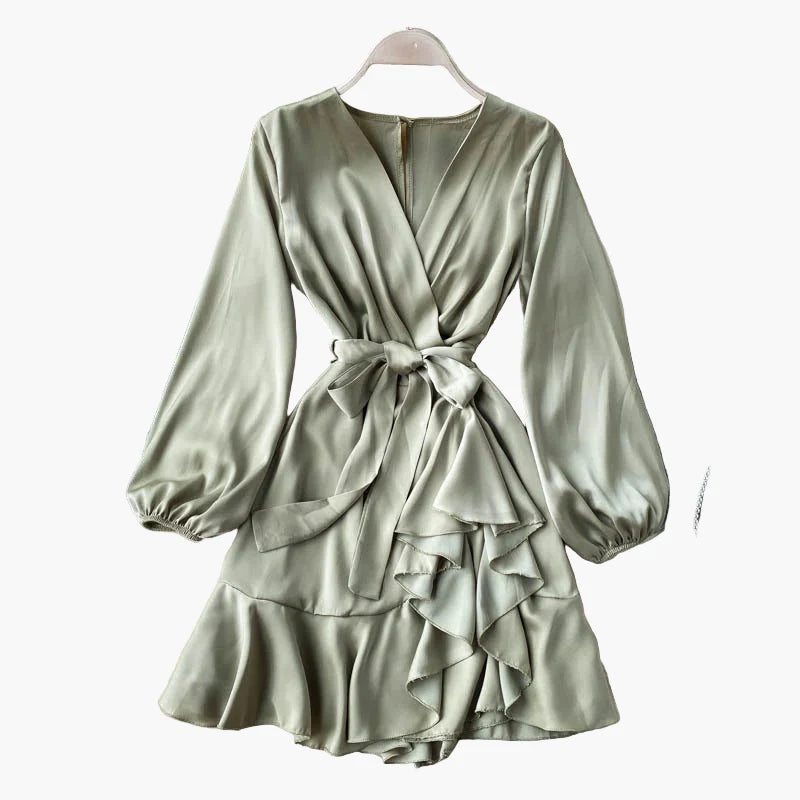 Damen Wickelkleid mit Volants und Gürtel – Elegantes Party- und Abendkleid