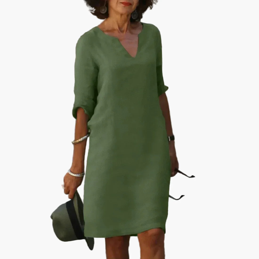 Damen Kleid mit V-Ausschnitt und 3/4-Ärmeln – Eleganter Freizeit- und Büro-Look