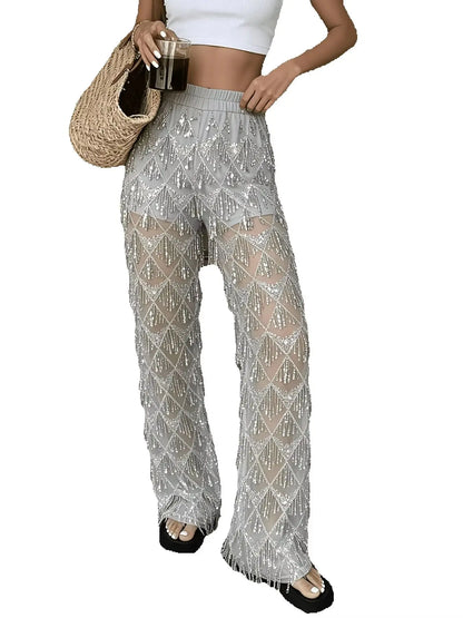 Damen Festliche Hose mit Perlenfransen Grau Transparent Weites Bein