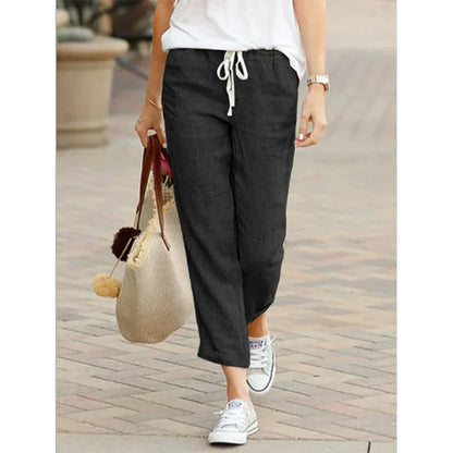 Damen Leinenhose mit Gummibund und Kordelzug, Cropped-Länge