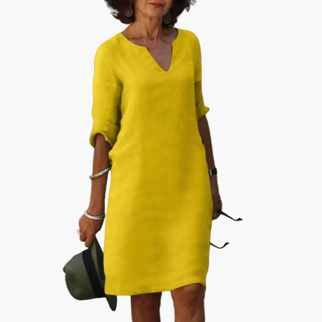 Damen Kleid mit V-Ausschnitt und 3/4-Ärmeln – Eleganter Freizeit- und Büro-Look