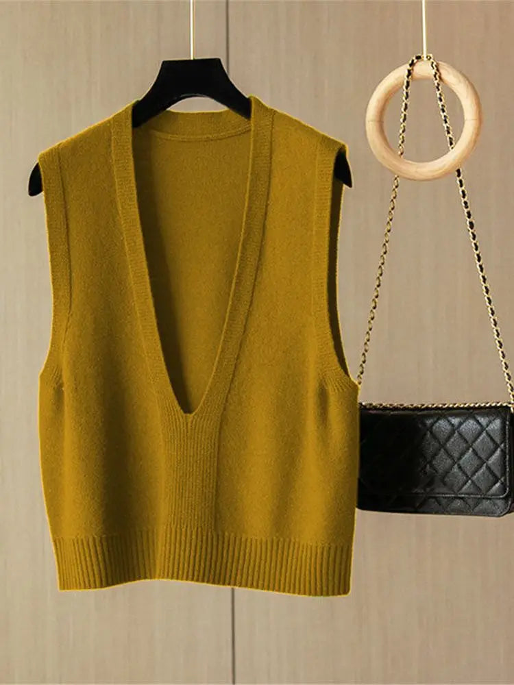 Damen Strickweste Pullover Weste V-Ausschnitt Ärmellos Kurzer Schnitt