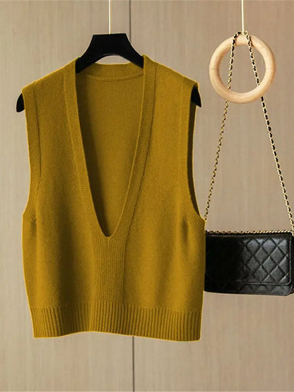Damen Strickweste Pullover Weste V-Ausschnitt Ärmellos Kurzer Schnitt