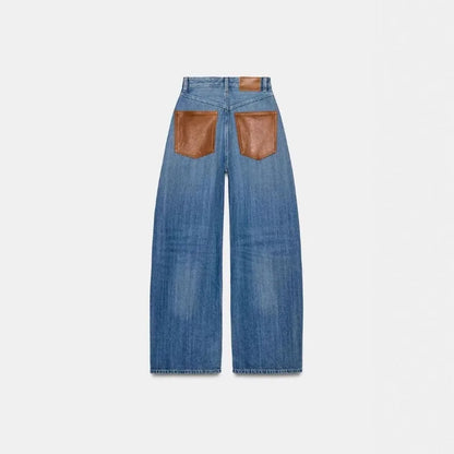Jeans Wide Leg Blau mit braunen Taschen am Gesäß