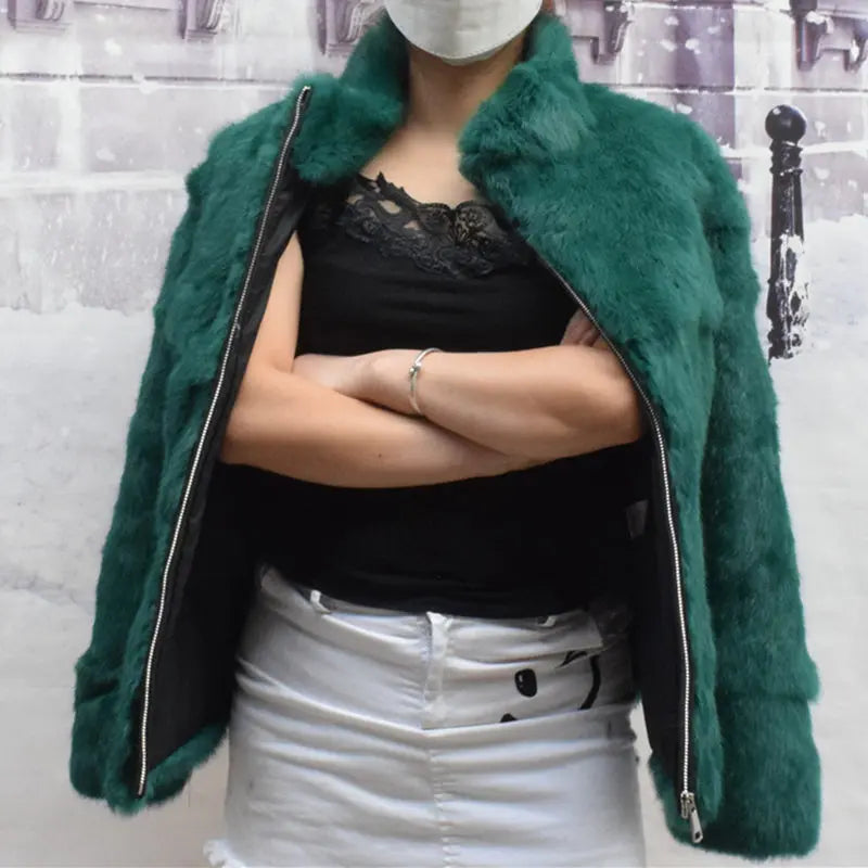 Damen Kurzmantel aus Kunstfell mit Stehkragen luxuriöse Winterjacke
