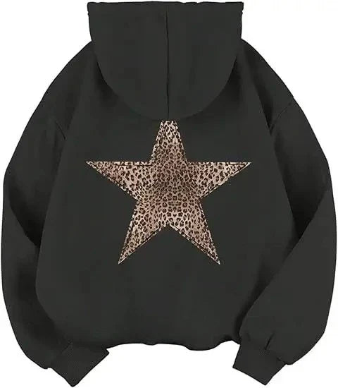 Hoodie Damen mit Leoparden-Stern Aufdruck auf dem Rücken – Oversized Kapuzenpullover