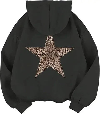 Hoodie Damen mit Leoparden-Stern Aufdruck auf dem Rücken – Oversized Kapuzenpullover