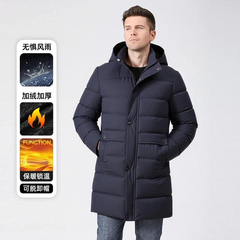 Herren Daunenmantel lang Winter Steppmantel mit Kapuze gepolstert