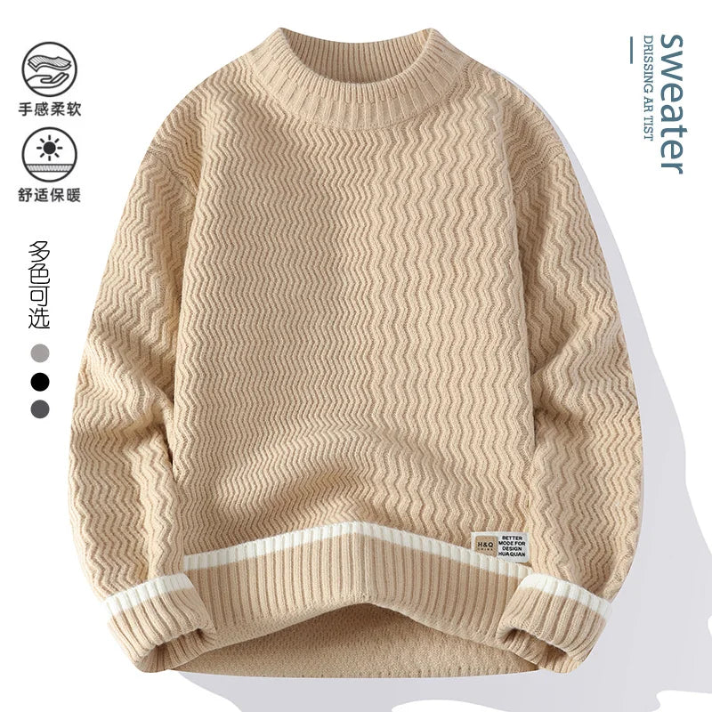 Unisex Rollkragenpullover mit Wellenmuster und Kontraststreifen – Gemütlicher Strickpullover