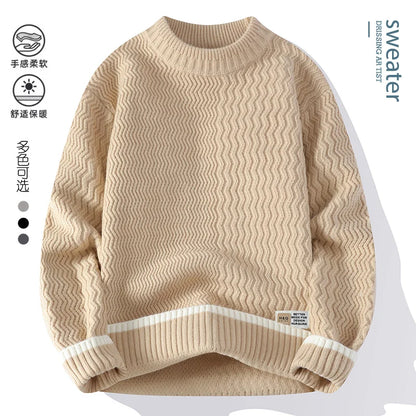 Unisex Rollkragenpullover mit Wellenmuster und Kontraststreifen – Gemütlicher Strickpullover