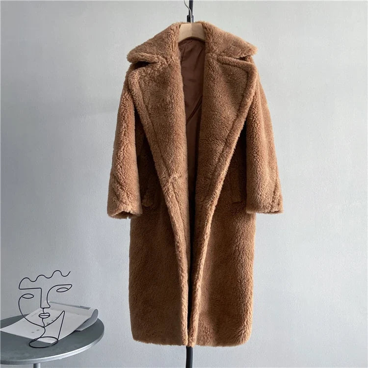 Damen Teddy-Mantel mit Reverskragen Lang Warmer Plüschmantel