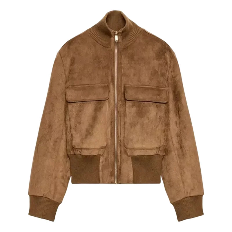 Damen Bomberjacke aus Wildleder-Optik mit Stehkragen und Taschen