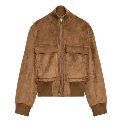 Damen Bomberjacke aus Wildleder-Optik mit Stehkragen und Taschen