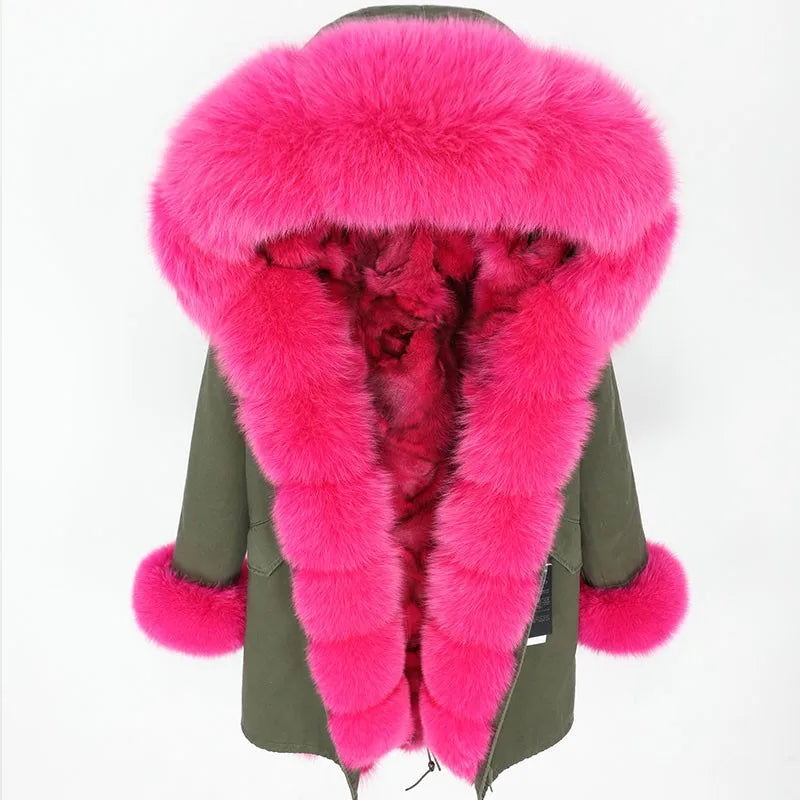 Damen Winterparka mit Kapuze & Pelzimitat-Futter in Rosa