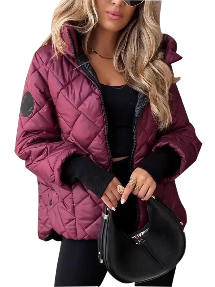 Damen Steppjacke mit Kapuze Rautenmuster Reißverschluss Bordeauxrot