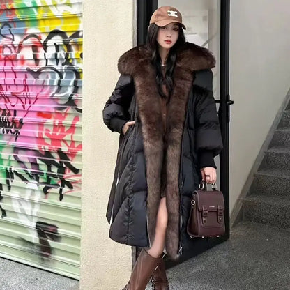 Damen Daunenmantel lang mit Kunstpelzkragen und Gürtel Steppjacke