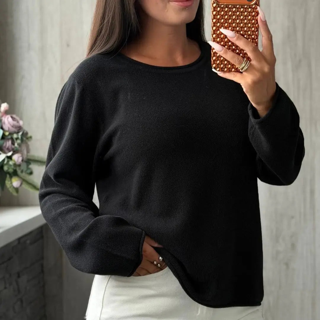 Damen Langarm Pullover mit Rundhalsausschnitt Freizeit Strick-Oberteil