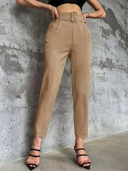 Damen Stoffhose mit hohem Bund, geradem Bein & Gürtel