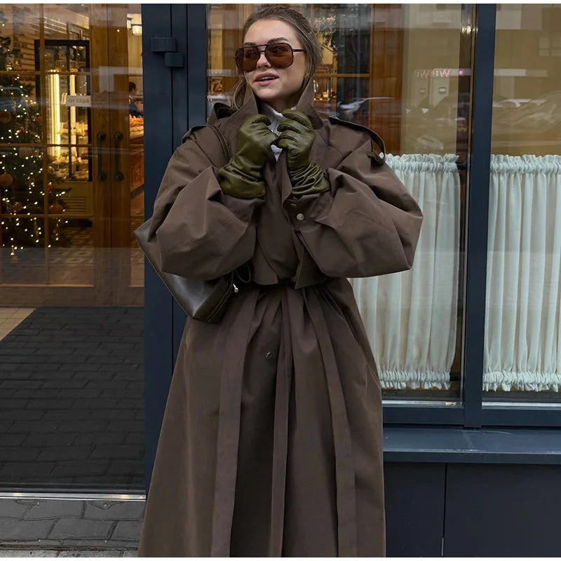 Damen Langer Mantel Übergroßer Trenchcoat mit Stehkragen und weiten Ärmeln