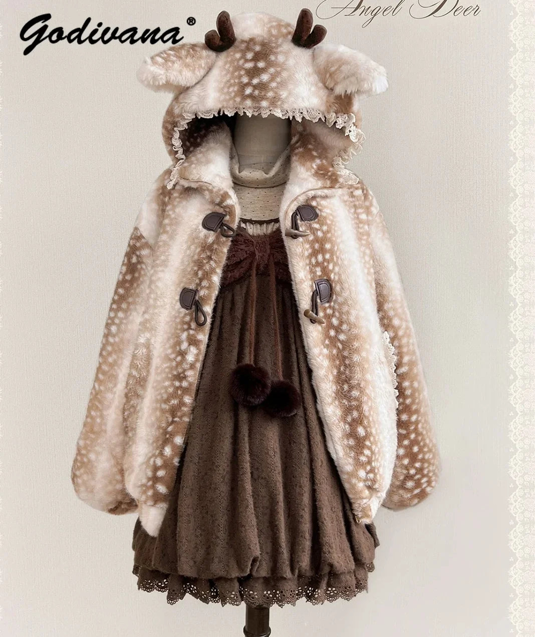 Hirsch Winterjacke Damen Teddyfell Gefleckt mit Kapuze