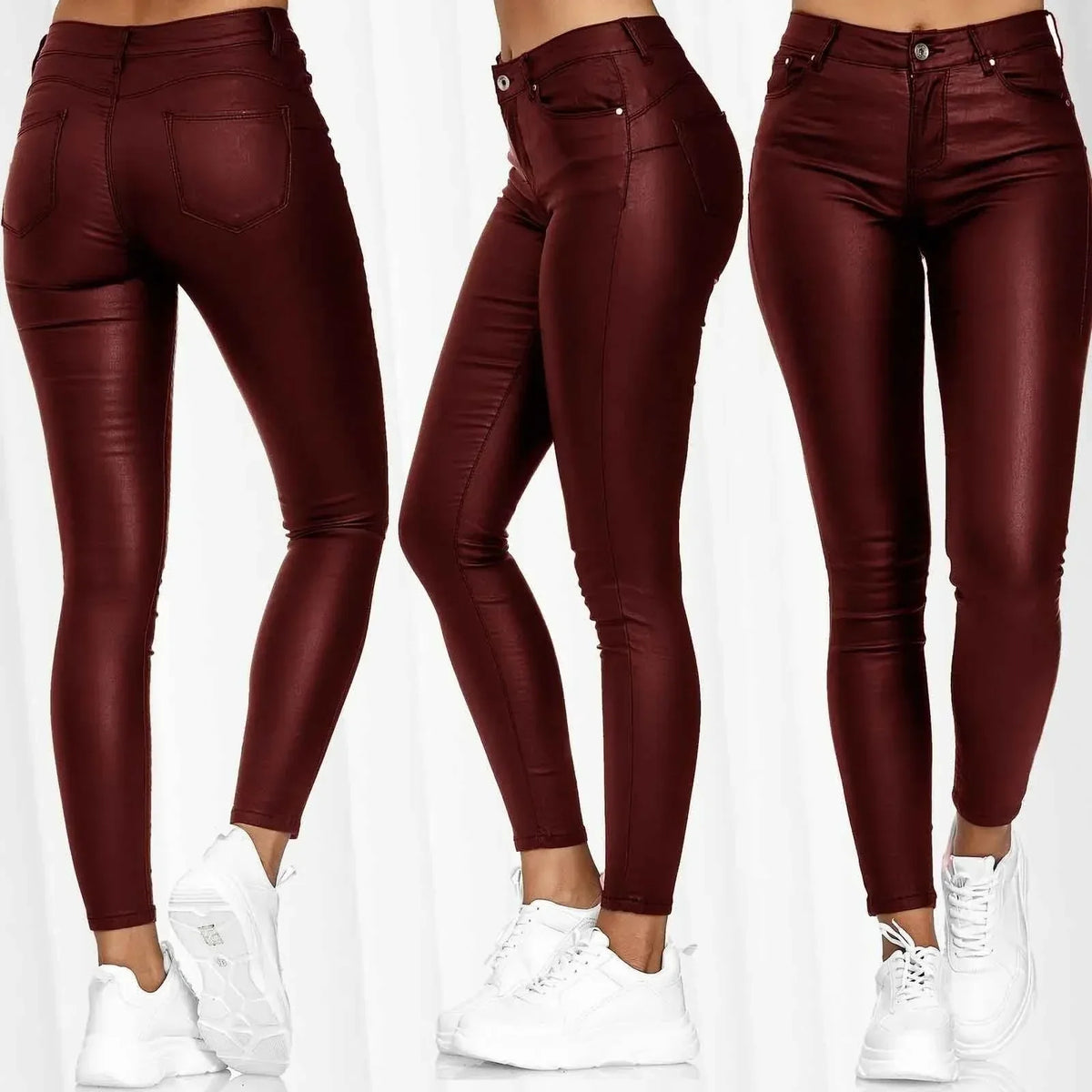Damen Skinny Hose Glänzende Optik Kunstleder Slim Fit