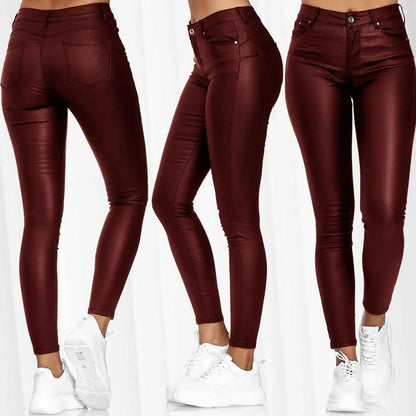 Damen Skinny Hose Glänzende Optik Kunstleder Slim Fit