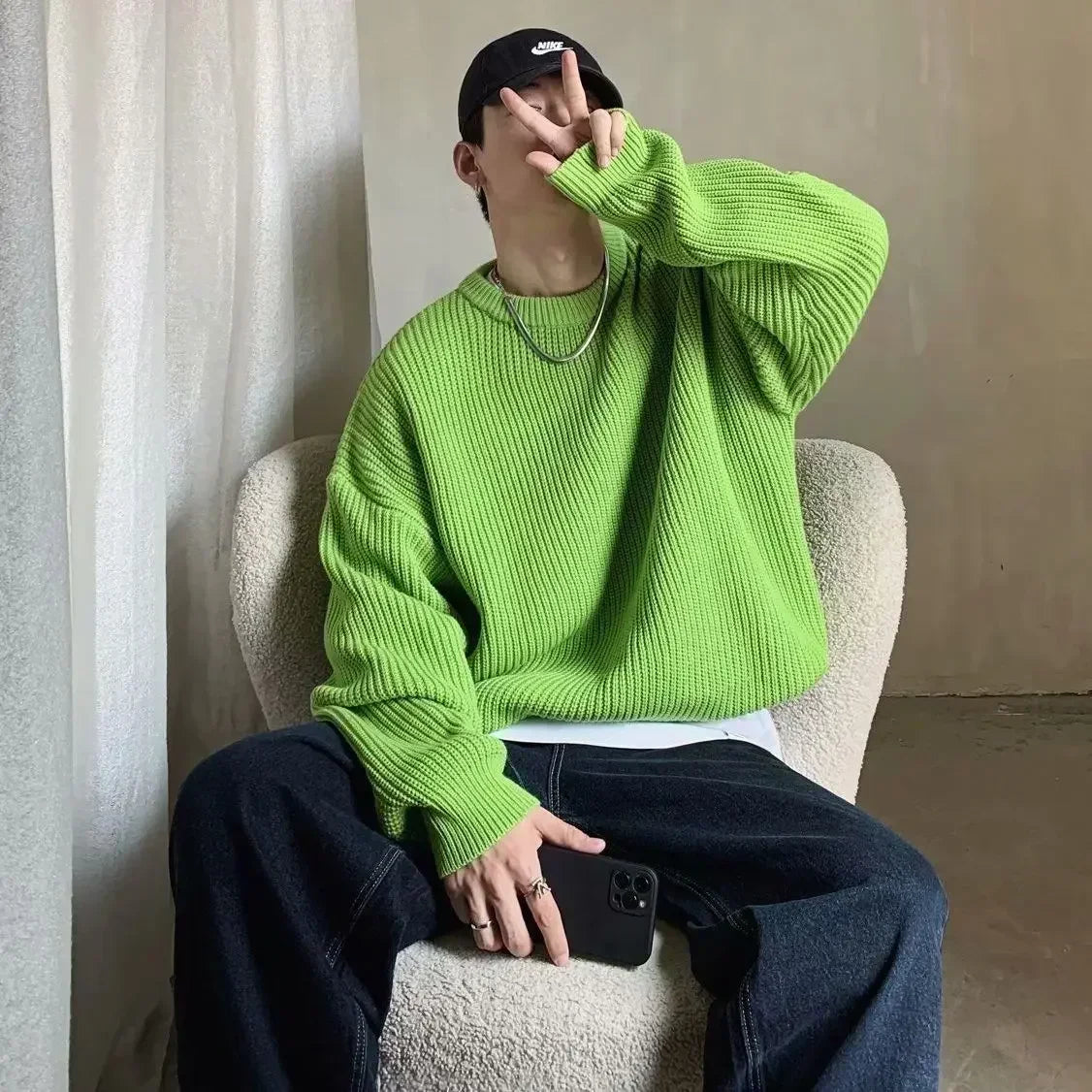 Unisex Strickpullover Oversize Rundhals Gerippt Lange Ärmel