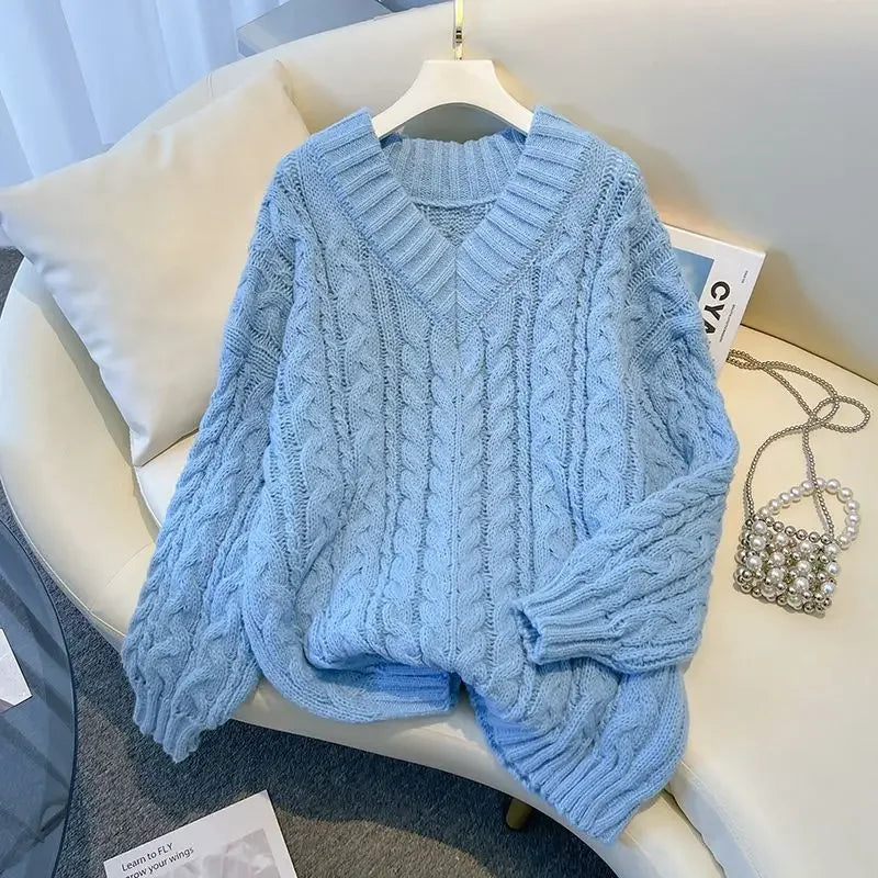Damen Grobstrick Pullover mit Zopfmuster und V-Ausschnitt – Winter Must-Have, Lässiger Stil, Ideal für Alltag und Layering